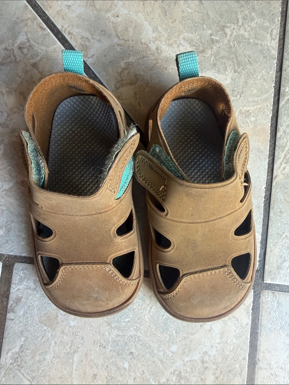 Kids Brown Leather Sandals with Teal Pull Tab
